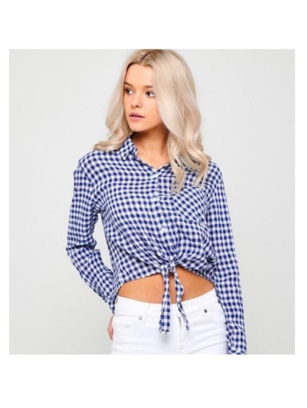 Rails Val Blue and White Gingham tie front button down top small